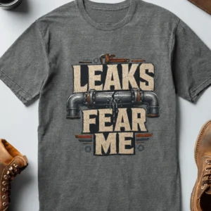 Leaks Fear Me T-Shirt - Funny Plumber Pipes Tee — deep-heather t-shirt, flat-lay product photo | Pressure Tested Co