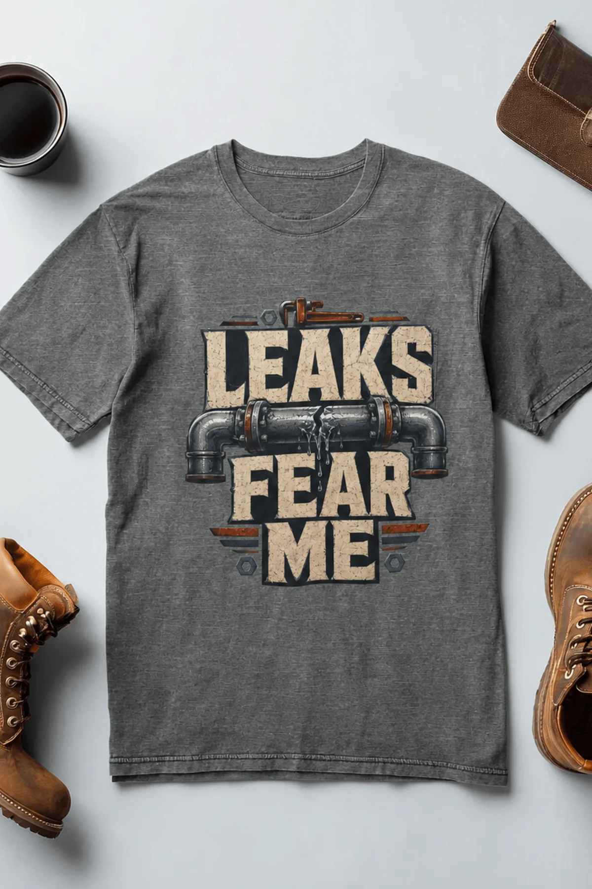 Leaks Fear Me T-Shirt - Funny Plumber Pipes Tee — deep-heather t-shirt, flat-lay product photo | Pressure Tested Co