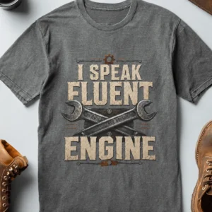 I Speak Fluent Engine T-Shirt — Mechanic Wrench Vintage Auto Repair Tee — deep-heather t-shirt, flat-lay product photo | Pressure Tested Co