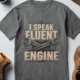 I Speak Fluent Engine T-Shirt — Mechanic Wrench Vintage Auto Repair Tee — deep-heather — Flat-lay I Speak Fluent Engine T-Shirt — Mechanic Wrench Vintage Auto Repair Tee — deep-heather t-shirt, flat-lay product photo | Pressure Tested Co