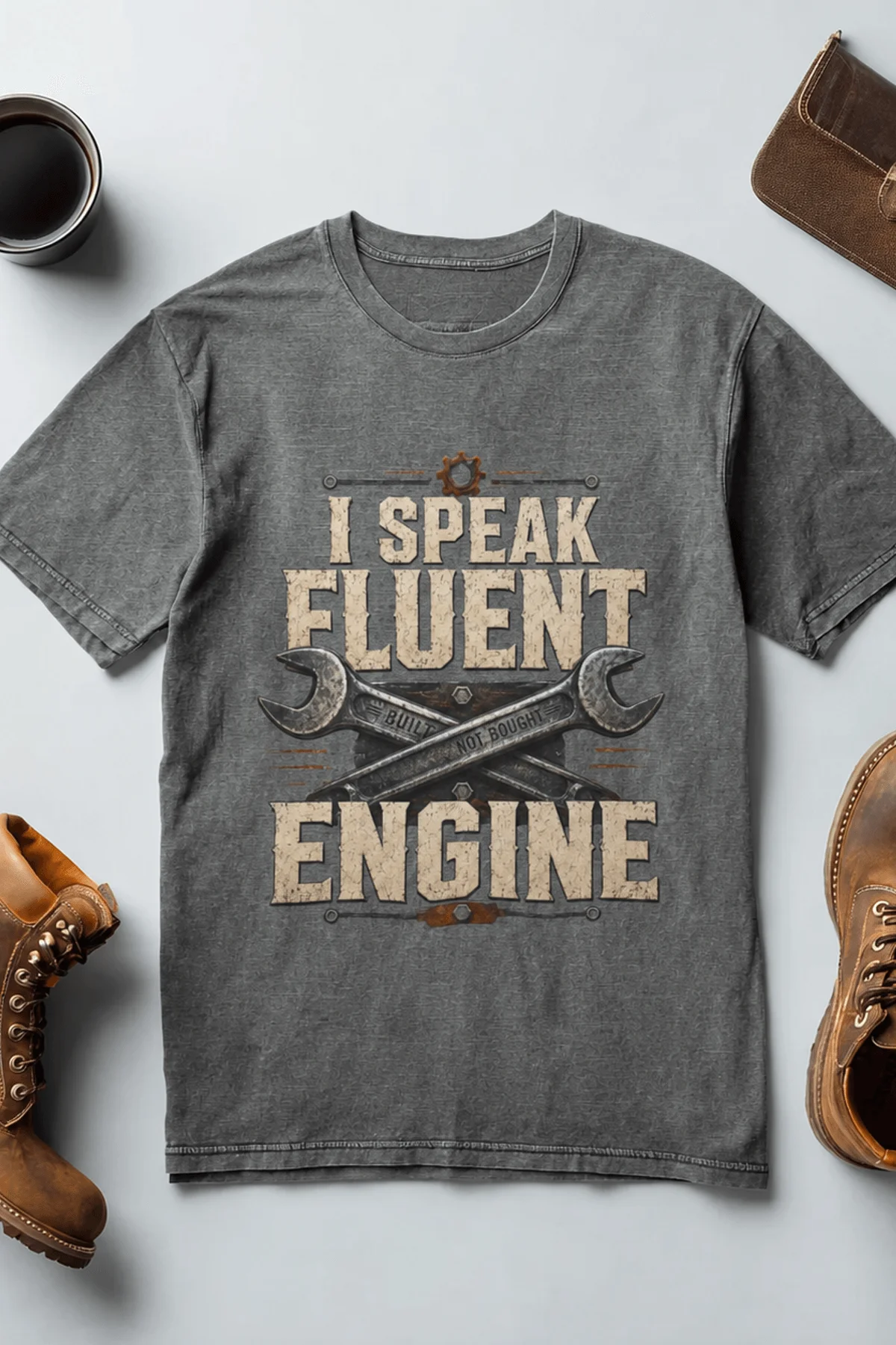 I Speak Fluent Engine T-Shirt — Mechanic Wrench Vintage Auto Repair Tee — deep-heather — Flat-lay I Speak Fluent Engine T-Shirt — Mechanic Wrench Vintage Auto Repair Tee — deep-heather t-shirt, flat-lay product photo | Pressure Tested Co