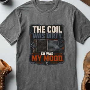 HVAC Technician Tee — “THE COIL WAS DIRTY. SO WAS MY MOOD.” — deep-heather t-shirt, flat-lay product photo | Pressure Tested Co