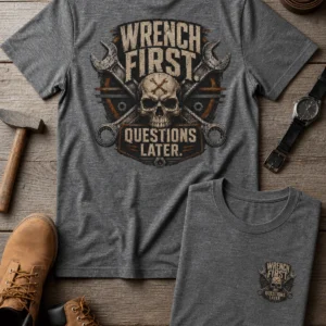 Wrench First Tee — "Wrench First, Questions Later" Mechanic Skull T-Shirt — deep-heather t-shirt, flat-lay product photo | Pressure Tested Co
