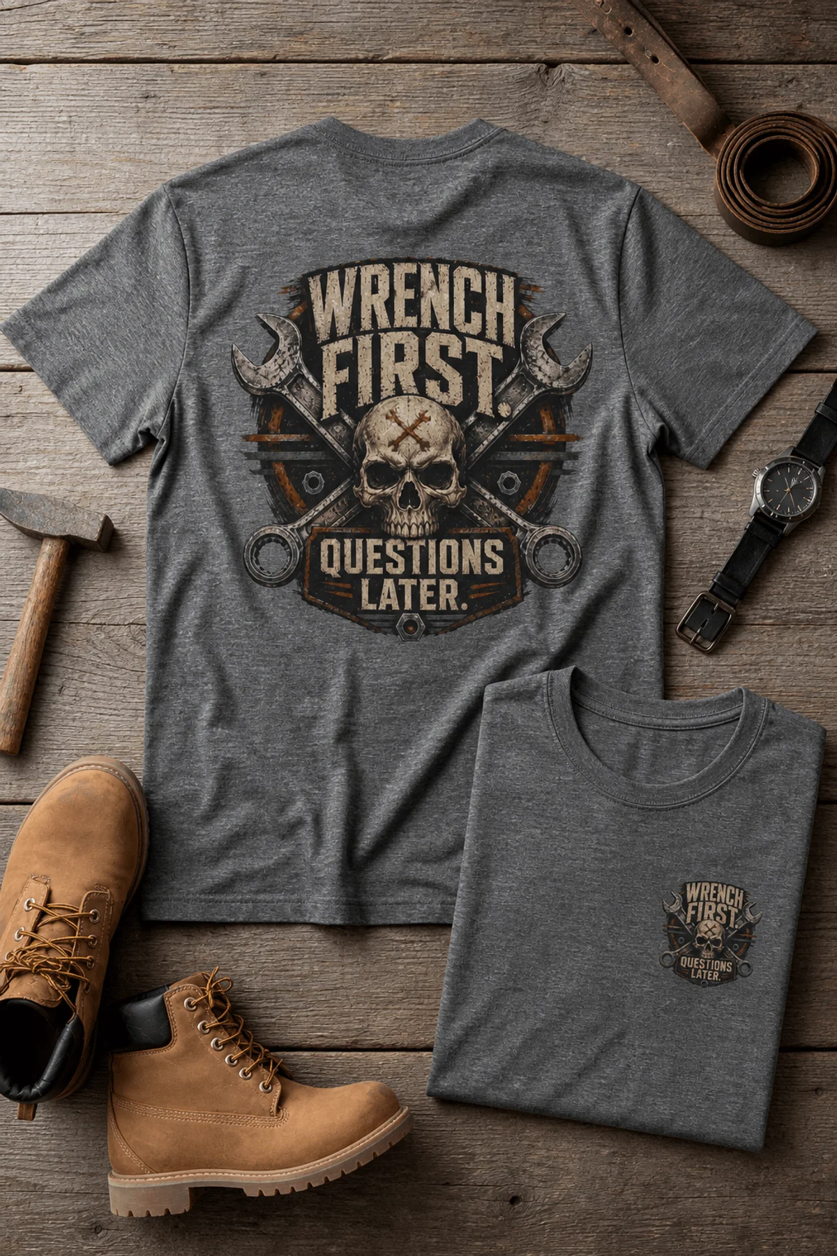 Wrench First Tee — "Wrench First, Questions Later" Mechanic Skull T-Shirt — deep-heather t-shirt, flat-lay product photo | Pressure Tested Co