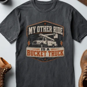 Bucket Truck T-Shirt - “My Other Ride Is A Bucket Truck” Utility Crew/Electrician Tee — deep-heather t-shirt, flat-lay product photo | Pressure Tested Co