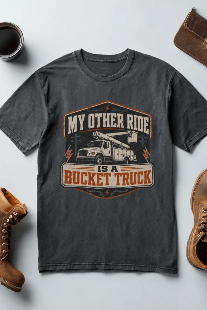 Bucket Truck T-Shirt - “My Other Ride Is A Bucket Truck” Utility Crew/Electrician Tee — deep-heather t-shirt, flat-lay product photo | Pressure Tested Co