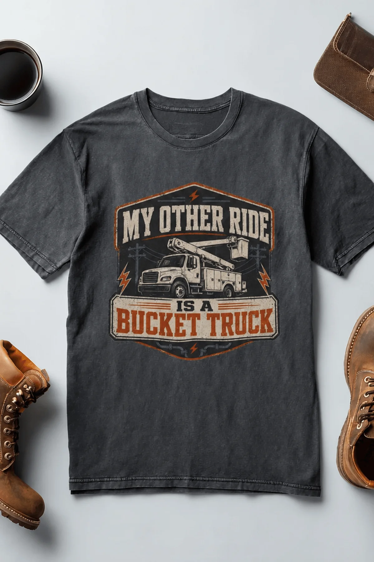 Bucket Truck T-Shirt - “My Other Ride Is A Bucket Truck” Utility Crew/Electrician Tee — deep-heather t-shirt, flat-lay product photo | Pressure Tested Co