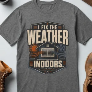 Funny HVAC Technician Tee - “I Fix The Weather Indoors.” Cooling/Furnace Shop Work Shirt — deep-heather t-shirt, flat-lay product photo | Pressure Tested Co