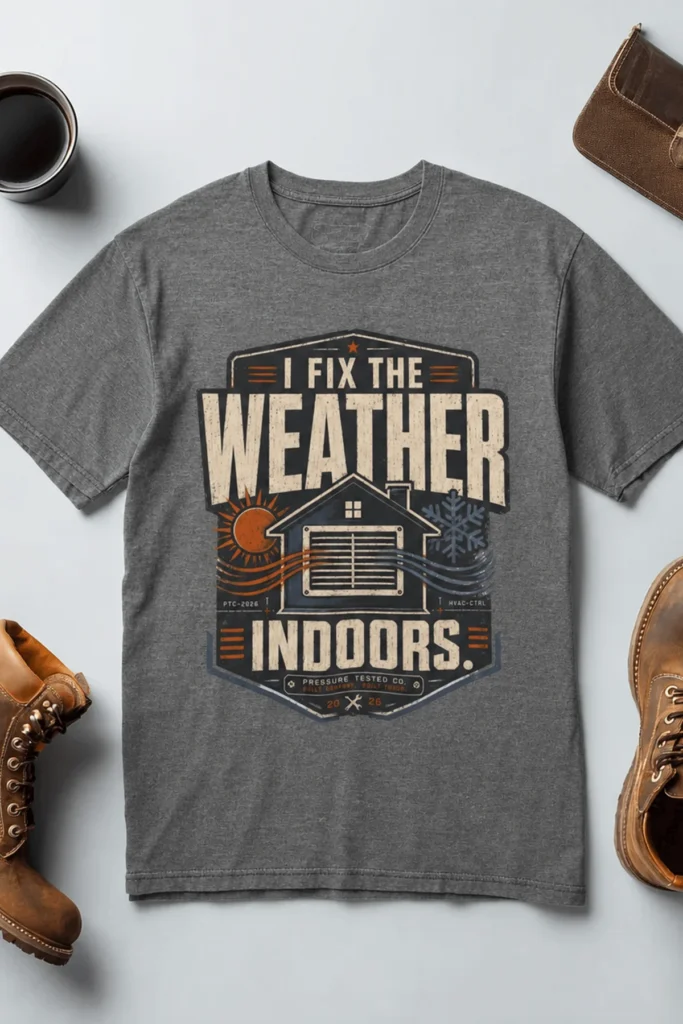 Funny HVAC Technician Tee - “I Fix The Weather Indoors.” Cooling/Furnace Shop Work Shirt — deep-heather t-shirt, flat-lay product photo | Pressure Tested Co