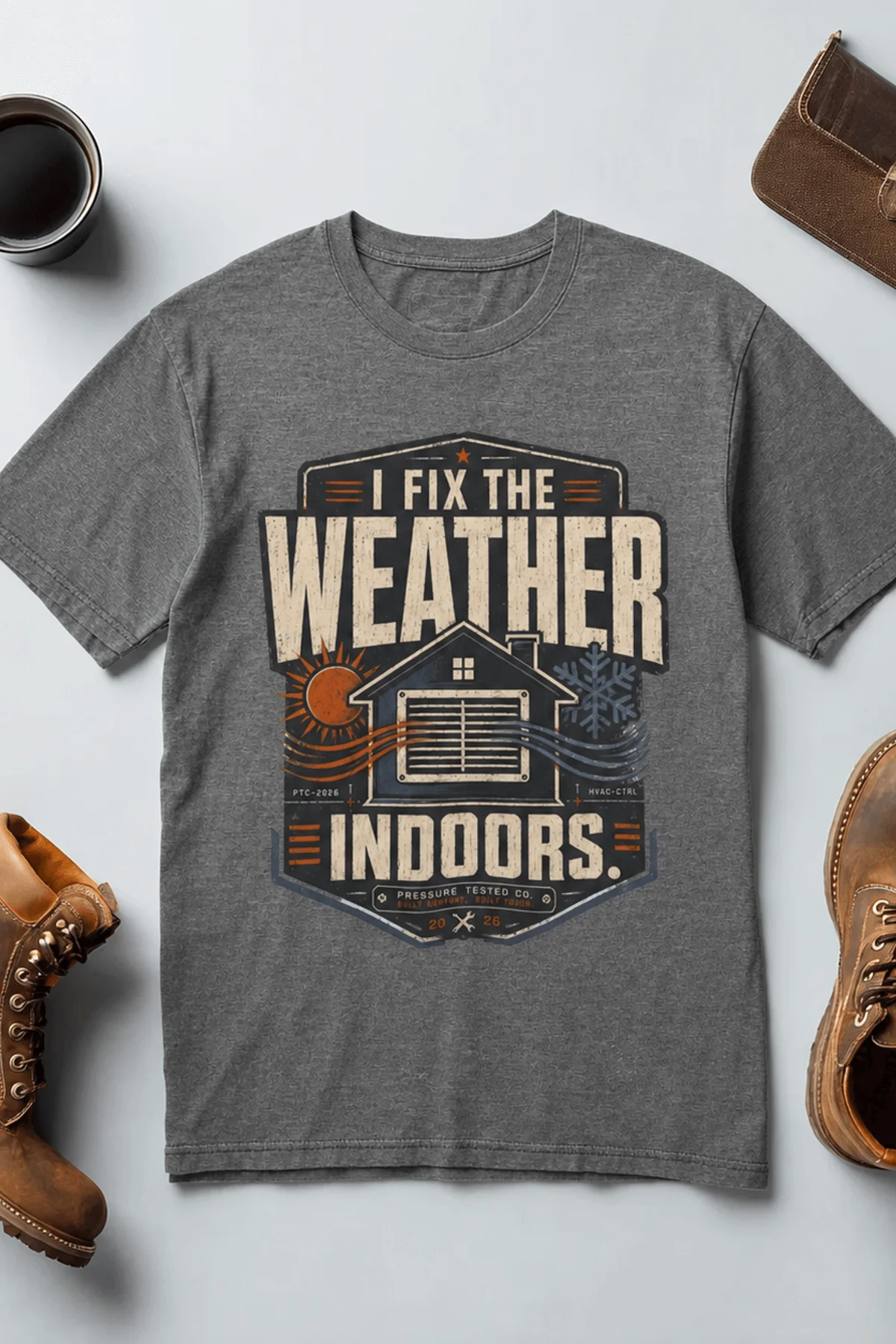 Funny HVAC Technician Tee - “I Fix The Weather Indoors.” Cooling/Furnace Shop Work Shirt — deep-heather — Flat-lay Funny HVAC Technician Tee - “I Fix The Weather Indoors.” Cooling/Furnace Shop Work Shirt — deep-heather t-shirt, flat-lay product photo | Pressure Tested Co