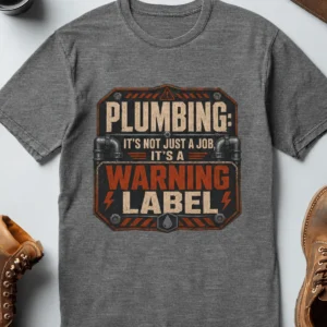 Plumbing Warning Label T-Shirt — Funny Plumber Shirt — deep-heather t-shirt, flat-lay product photo | Pressure Tested Co