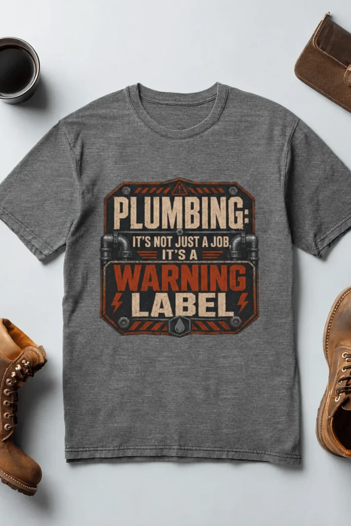 Plumbing Warning Label T-Shirt — Funny Plumber Shirt — deep-heather t-shirt, flat-lay product photo | Pressure Tested Co