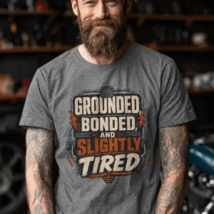 Grounded, Bonded and Slightly Tired Graphic Tee — Funny Electrical Worker Shirt — deep-heather t-shirt, model photo | Pressure Tested Co