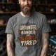 Grounded, Bonded and Slightly Tired Graphic Tee — Funny Electrical Worker Shirt — deep-heather t-shirt, model photo | Pressure Tested Co