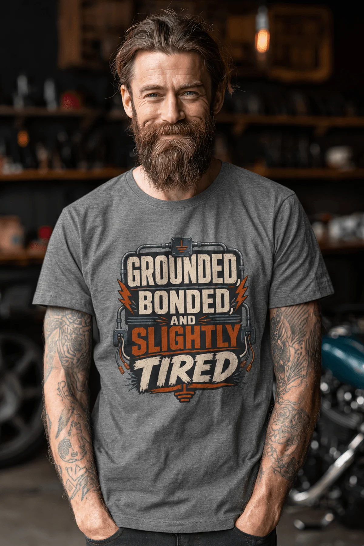 Grounded, Bonded and Slightly Tired Graphic Tee — Funny Electrical Worker Shirt — deep-heather t-shirt, model photo | Pressure Tested Co