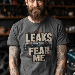 Leaks Fear Me T-Shirt - Funny Plumber Pipes Tee — deep-heather t-shirt, model photo | Pressure Tested Co