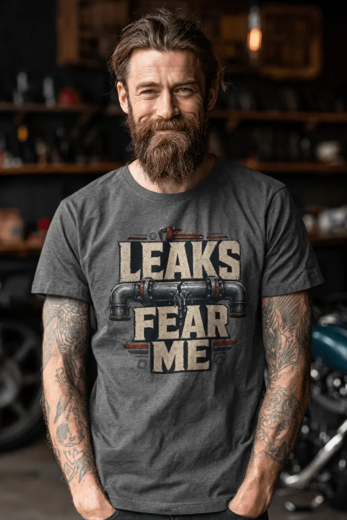 Leaks Fear Me T-Shirt - Funny Plumber Pipes Tee — deep-heather t-shirt, model photo | Pressure Tested Co