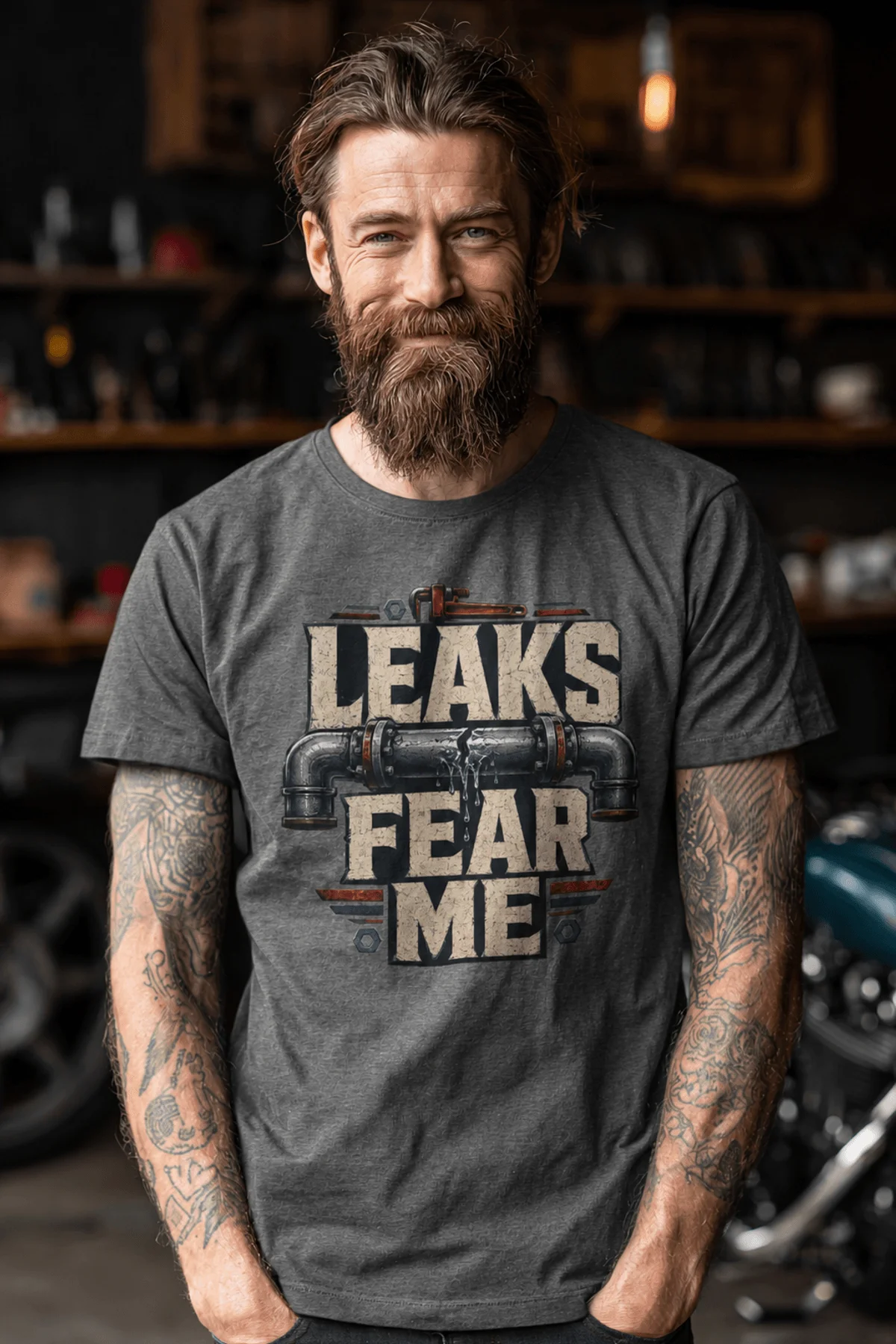 Leaks Fear Me T-Shirt - Funny Plumber Pipes Tee — deep-heather t-shirt, model photo | Pressure Tested Co