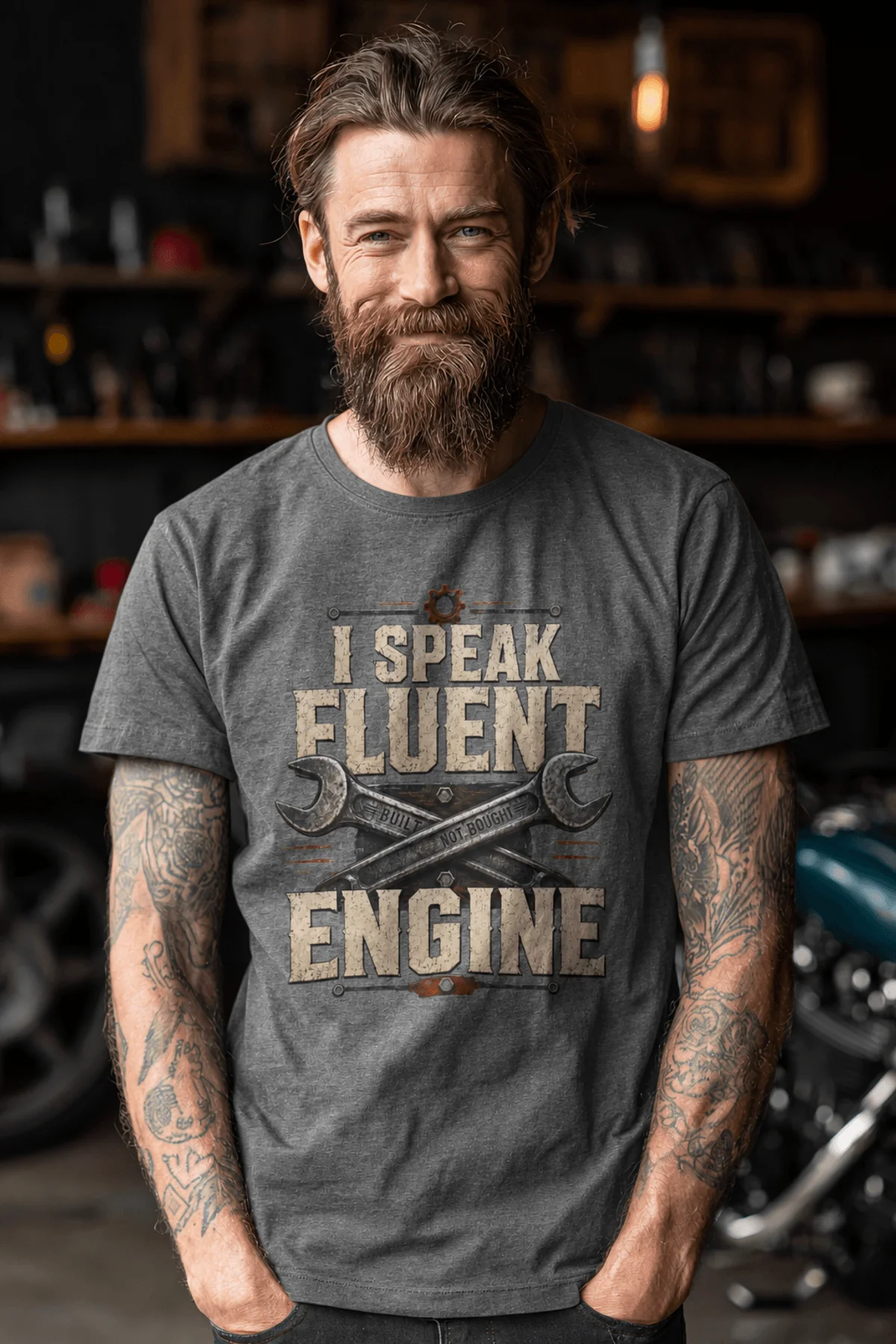 I Speak Fluent Engine T-Shirt — Mechanic Wrench Vintage Auto Repair Tee — deep-heather — Model I Speak Fluent Engine T-Shirt — Mechanic Wrench Vintage Auto Repair Tee — deep-heather t-shirt, model photo | Pressure Tested Co