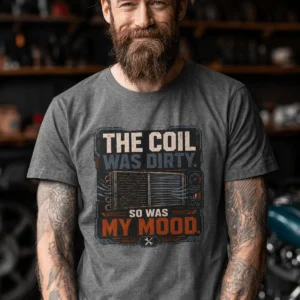 HVAC Technician Tee — “THE COIL WAS DIRTY. SO WAS MY MOOD.” — deep-heather t-shirt, model photo | Pressure Tested Co