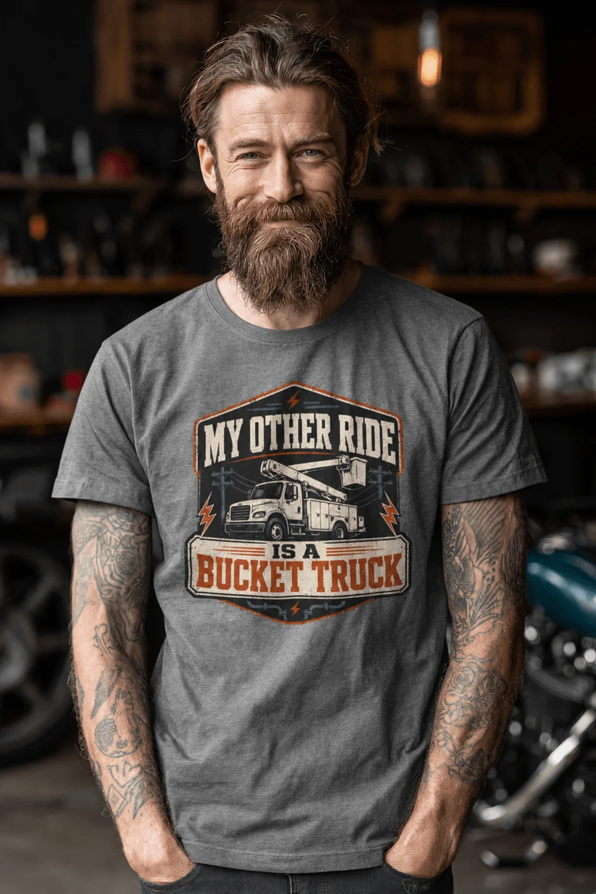 Bucket Truck T-Shirt - “My Other Ride Is A Bucket Truck” Utility Crew/Electrician Tee — deep-heather t-shirt, model photo | Pressure Tested Co