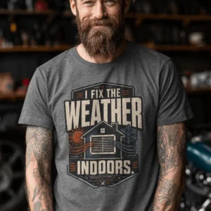 Funny HVAC Technician Tee - “I Fix The Weather Indoors.” Cooling/Furnace Shop Work Shirt — deep-heather t-shirt, model photo | Pressure Tested Co