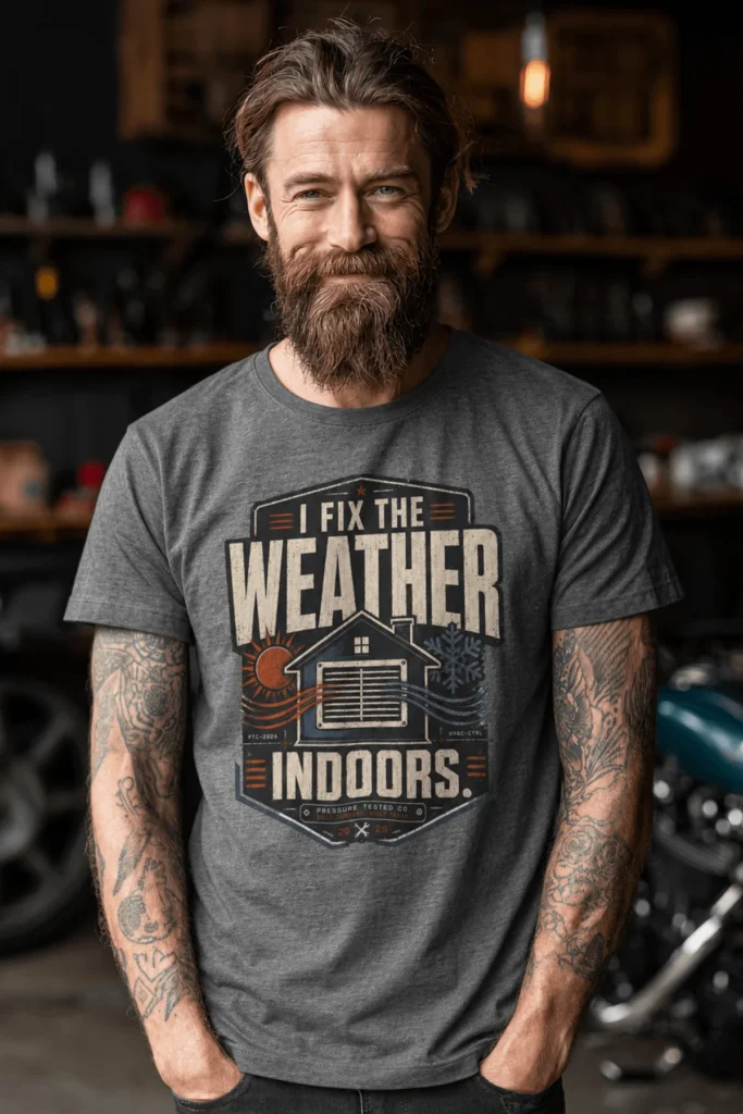 Funny HVAC Technician Tee - “I Fix The Weather Indoors.” Cooling/Furnace Shop Work Shirt — deep-heather t-shirt, model photo | Pressure Tested Co