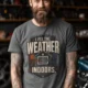 Funny HVAC Technician Tee - “I Fix The Weather Indoors.” Cooling/Furnace Shop Work Shirt — deep-heather — Model Funny HVAC Technician Tee - “I Fix The Weather Indoors.” Cooling/Furnace Shop Work Shirt — deep-heather t-shirt, model photo | Pressure Tested Co