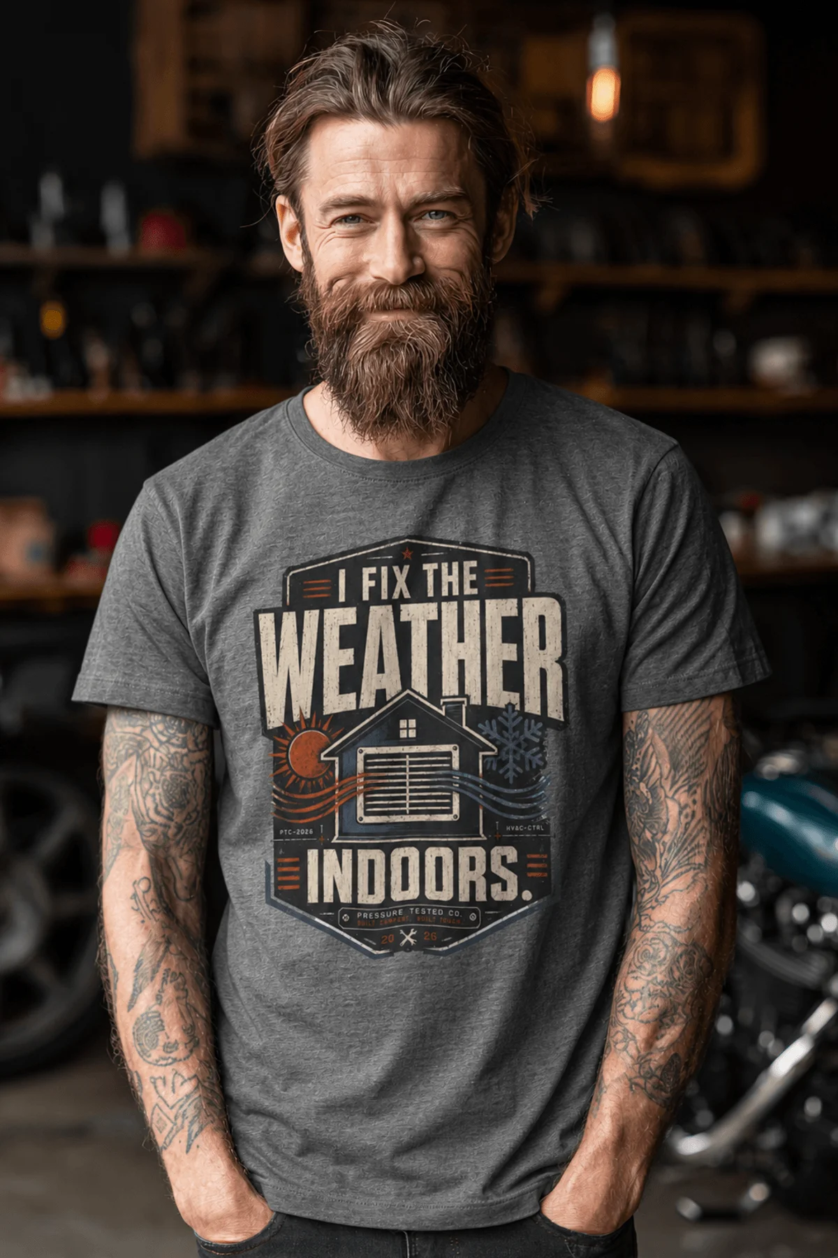 Funny HVAC Technician Tee - “I Fix The Weather Indoors.” Cooling/Furnace Shop Work Shirt — deep-heather — Model Funny HVAC Technician Tee - “I Fix The Weather Indoors.” Cooling/Furnace Shop Work Shirt — deep-heather t-shirt, model photo | Pressure Tested Co