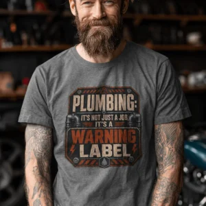 Plumbing Warning Label T-Shirt — Funny Plumber Shirt — deep-heather t-shirt, model photo | Pressure Tested Co
