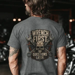 Wrench First Tee — "Wrench First, Questions Later" Mechanic Skull T-Shirt — deep-heather t-shirt, model photo | Pressure Tested Co