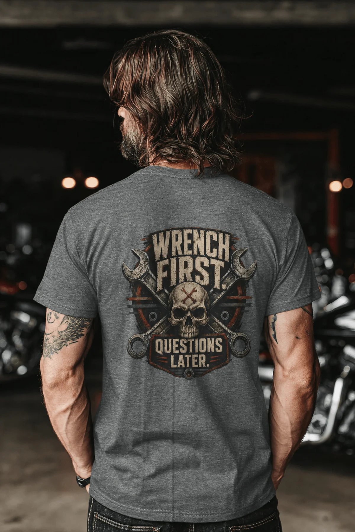 Wrench First Tee — "Wrench First, Questions Later" Mechanic Skull T-Shirt — deep-heather t-shirt, model photo | Pressure Tested Co