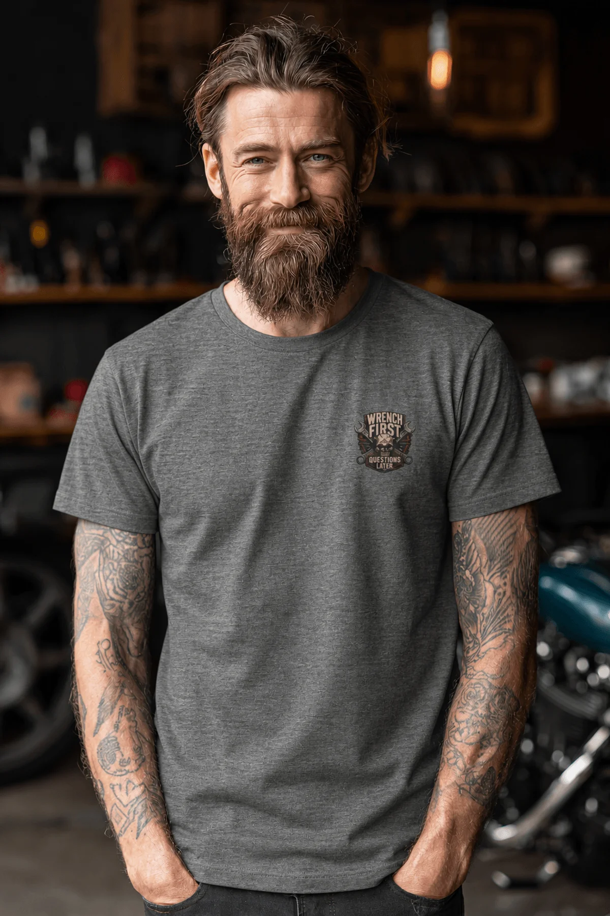 Wrench First Tee — "Wrench First, Questions Later" Mechanic Skull T-Shirt — deep-heather t-shirt, model photo | Pressure Tested Co