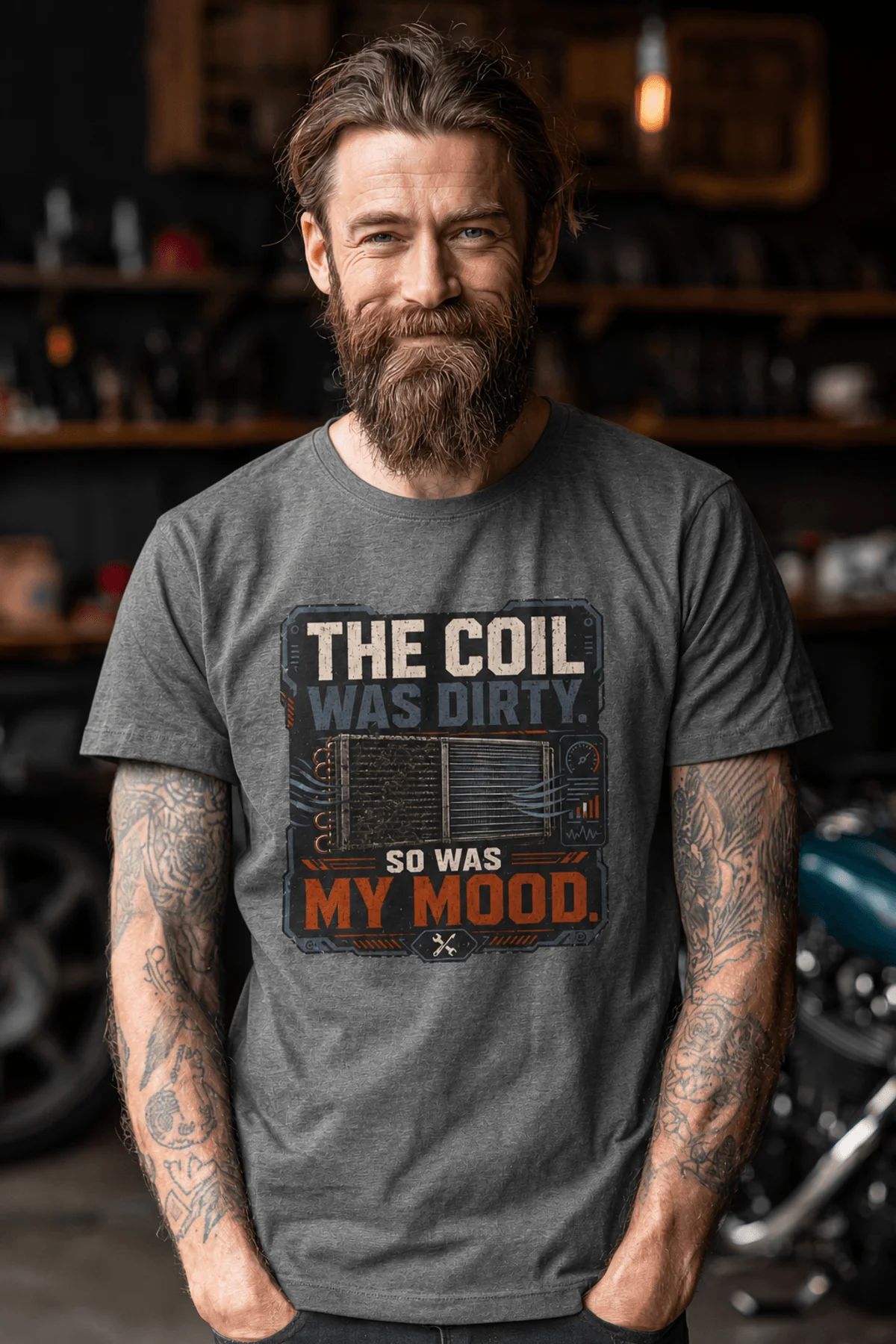 HVAC Technician Tee — “THE COIL WAS DIRTY. SO WAS MY MOOD.” — deep-heather — Model HVAC Technician Tee — “THE COIL WAS DIRTY. SO WAS MY MOOD.” — deep-heather t-shirt, model photo | Pressure Tested Co