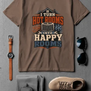 HVAC Technician T-Shirt — "I Turn Hot Rooms Into Happy Rooms" Vintage HVAC Shirt — espresso t-shirt, flat-lay product photo | Pressure Tested Co