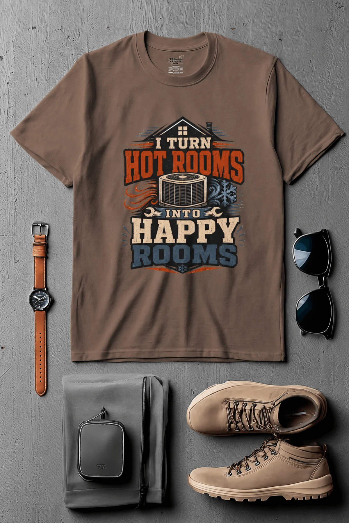 HVAC Technician T-Shirt — "I Turn Hot Rooms Into Happy Rooms" Vintage HVAC Shirt — espresso — Flat-lay HVAC Technician T-Shirt — "I Turn Hot Rooms Into Happy Rooms" Vintage HVAC Shirt — espresso t-shirt, flat-lay product photo | Pressure Tested Co