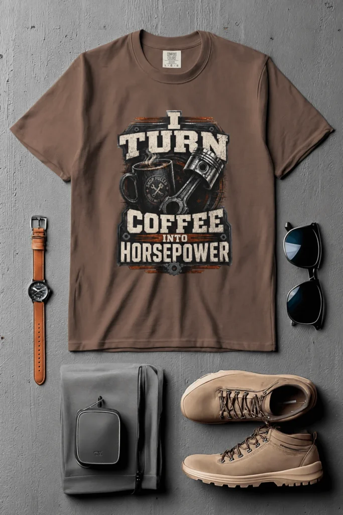 Mechanic Technician T-Shirt — "I Turn Coffee Into Horsepower" Vintage Work Shirt — espresso t-shirt, flat-lay product photo | Pressure Tested Co