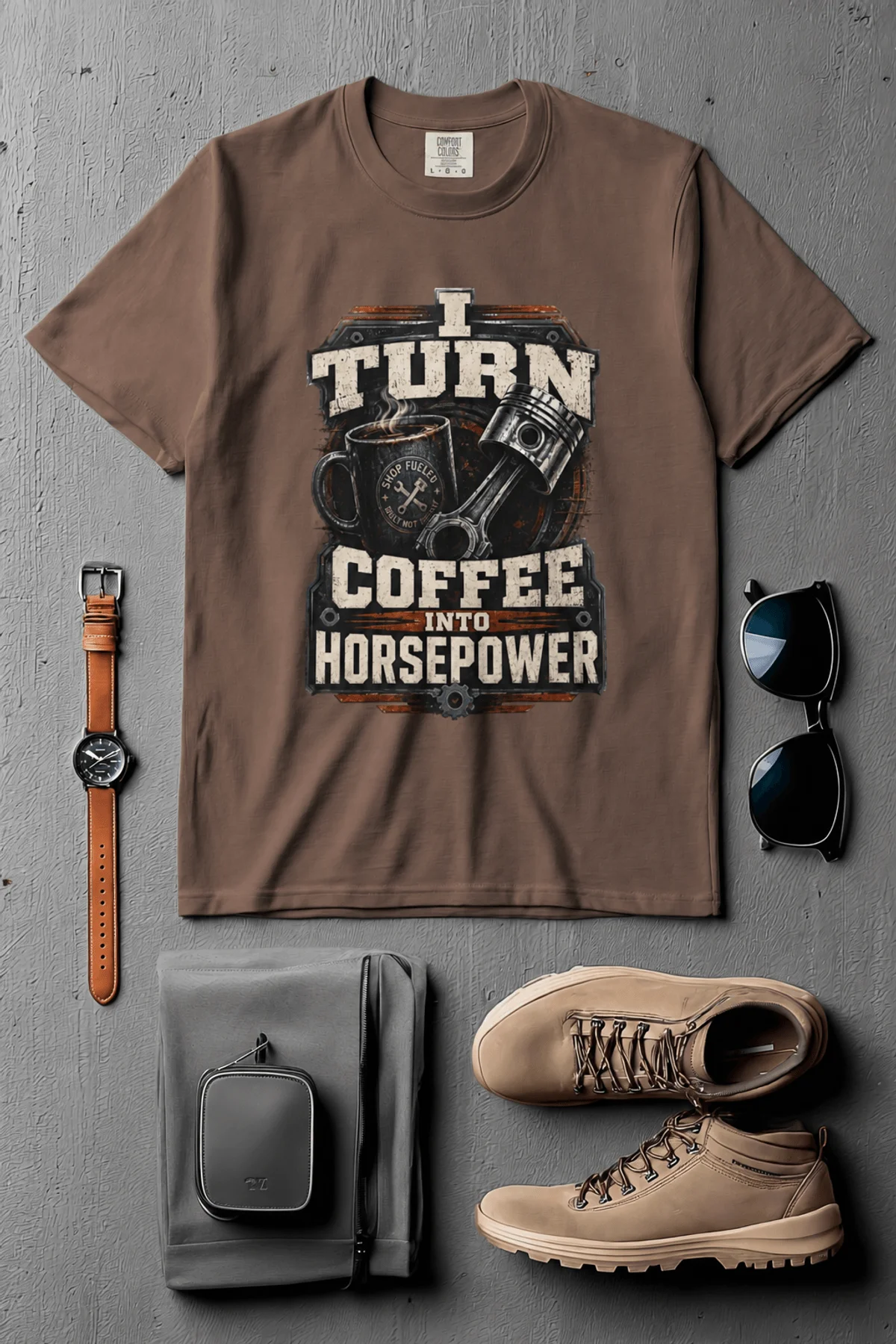 Mechanic Technician T-Shirt — "I Turn Coffee Into Horsepower" Vintage Work Shirt — espresso — Flat-lay Mechanic Technician T-Shirt — "I Turn Coffee Into Horsepower" Vintage Work Shirt — espresso t-shirt, flat-lay product photo | Pressure Tested Co