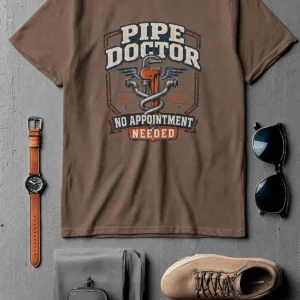 Plumber T-Shirt — "Pipe Doctor. No Appointment Needed" Vintage Work Shirt — espresso t-shirt, flat-lay product photo | Pressure Tested Co