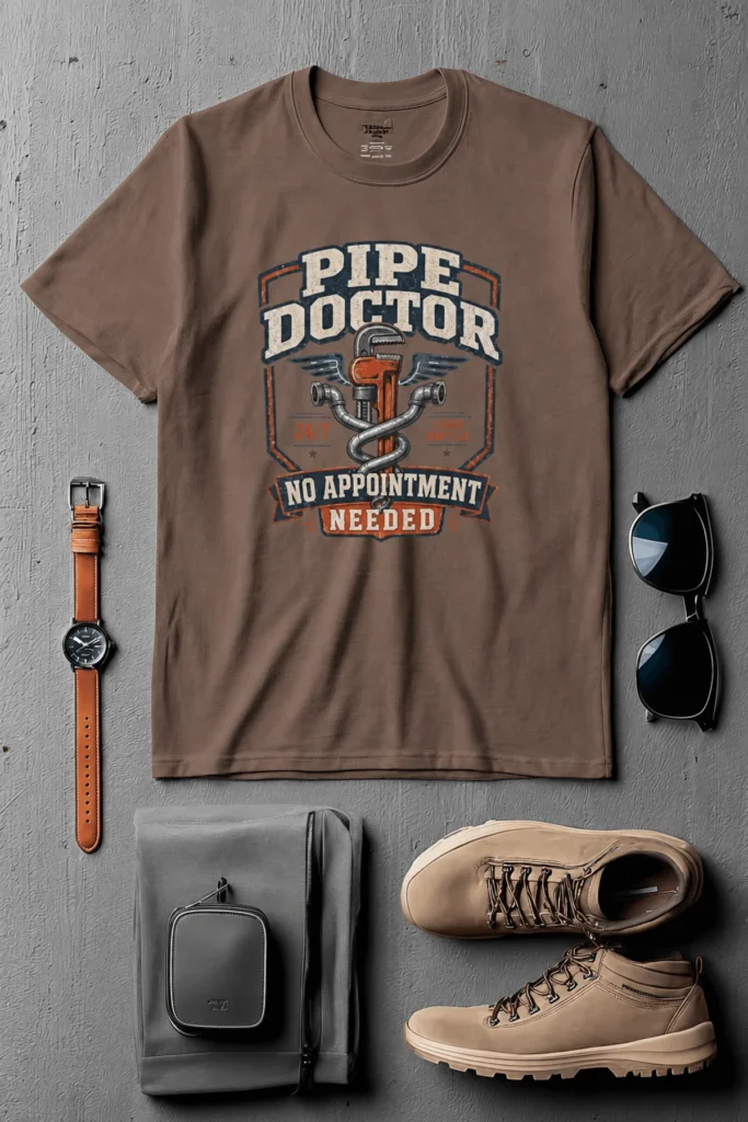 Plumber T-Shirt — "Pipe Doctor. No Appointment Needed" Vintage Work Shirt — espresso t-shirt, flat-lay product photo | Pressure Tested Co