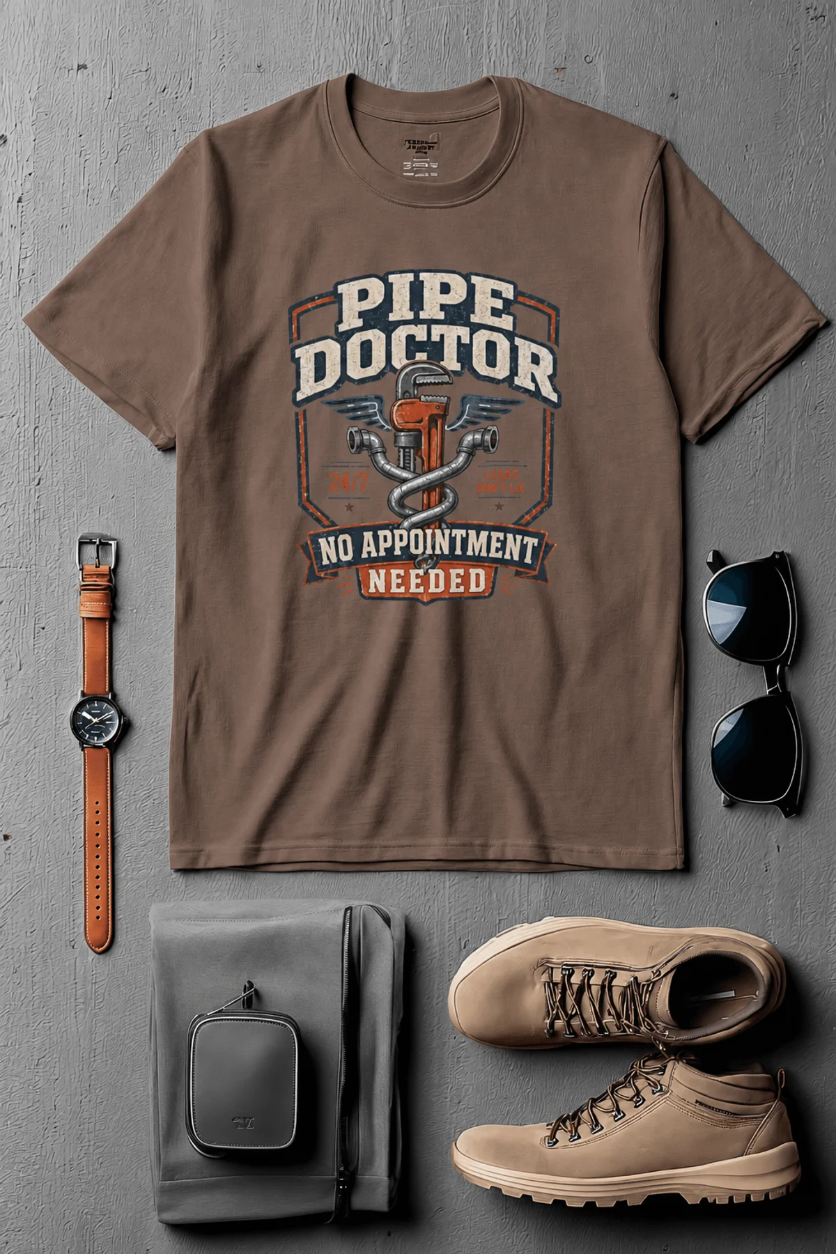 Plumber T-Shirt — "Pipe Doctor. No Appointment Needed" Vintage Work Shirt — espresso — Flat-lay Plumber T-Shirt — "Pipe Doctor. No Appointment Needed" Vintage Work Shirt — espresso t-shirt, flat-lay product photo | Pressure Tested Co