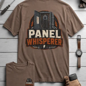 Funny Electrician Tee - "Panel Whisperer" Electrical Worker T-Shirt — espresso t-shirt, flat-lay product photo | Pressure Tested Co