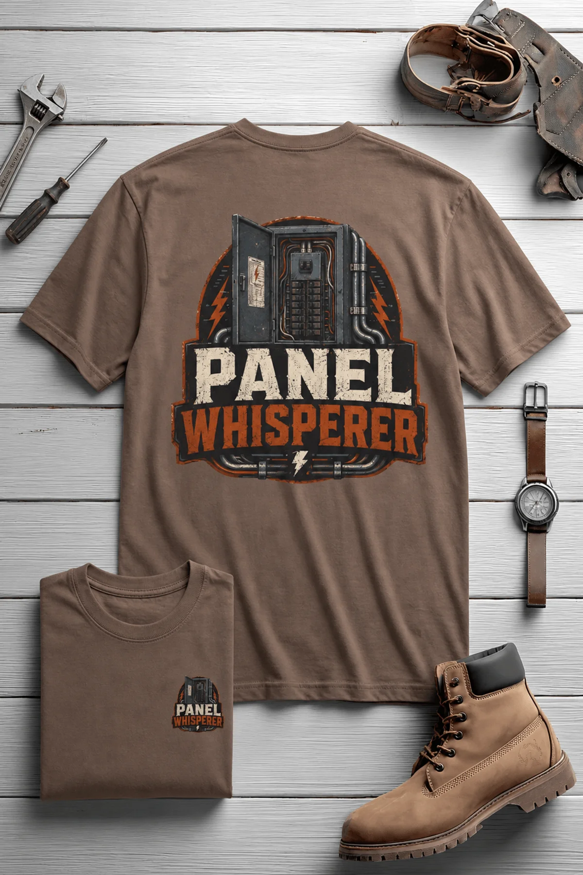 Funny Electrician Tee - "Panel Whisperer" Electrical Worker T-Shirt — espresso t-shirt, flat-lay product photo | Pressure Tested Co