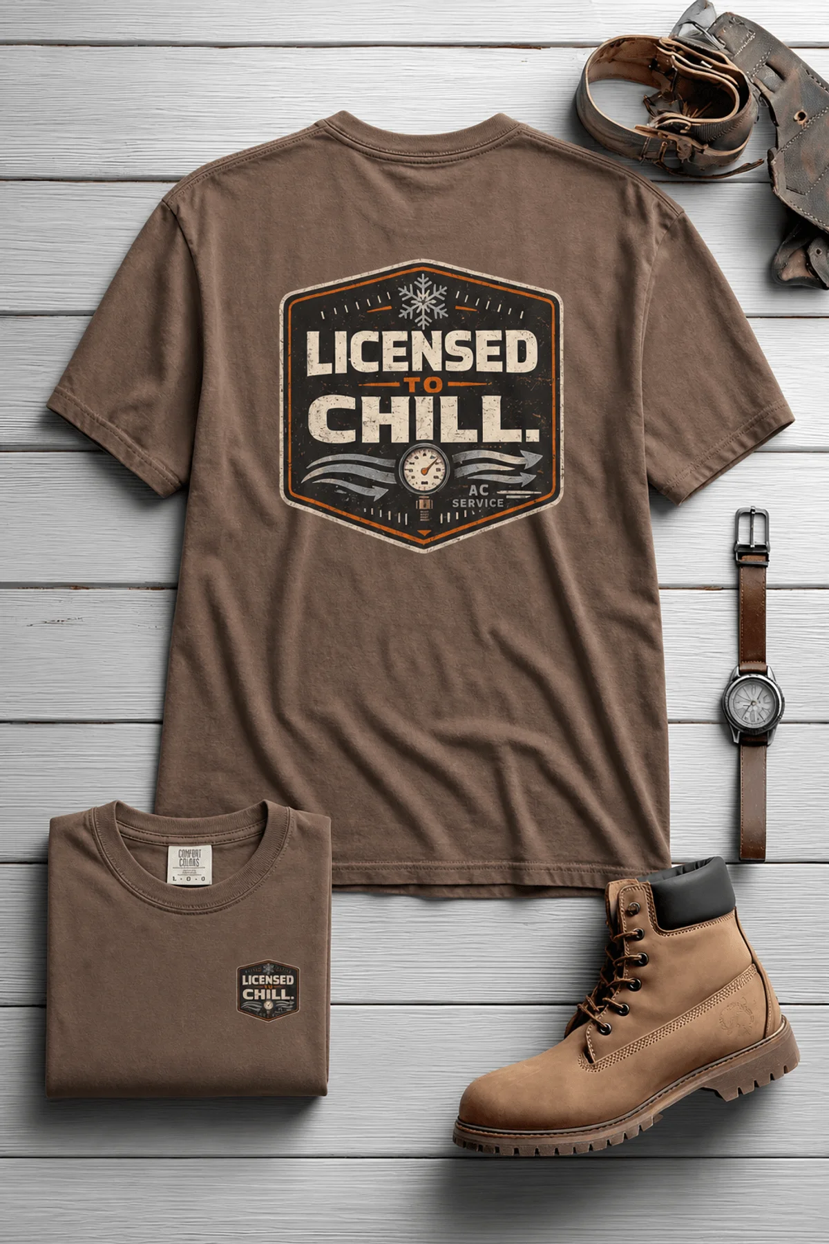 Funny HVAC Tee - "Licensed To Chill" HVAC Technician T-Shirt — espresso t-shirt, flat-lay product photo | Pressure Tested Co