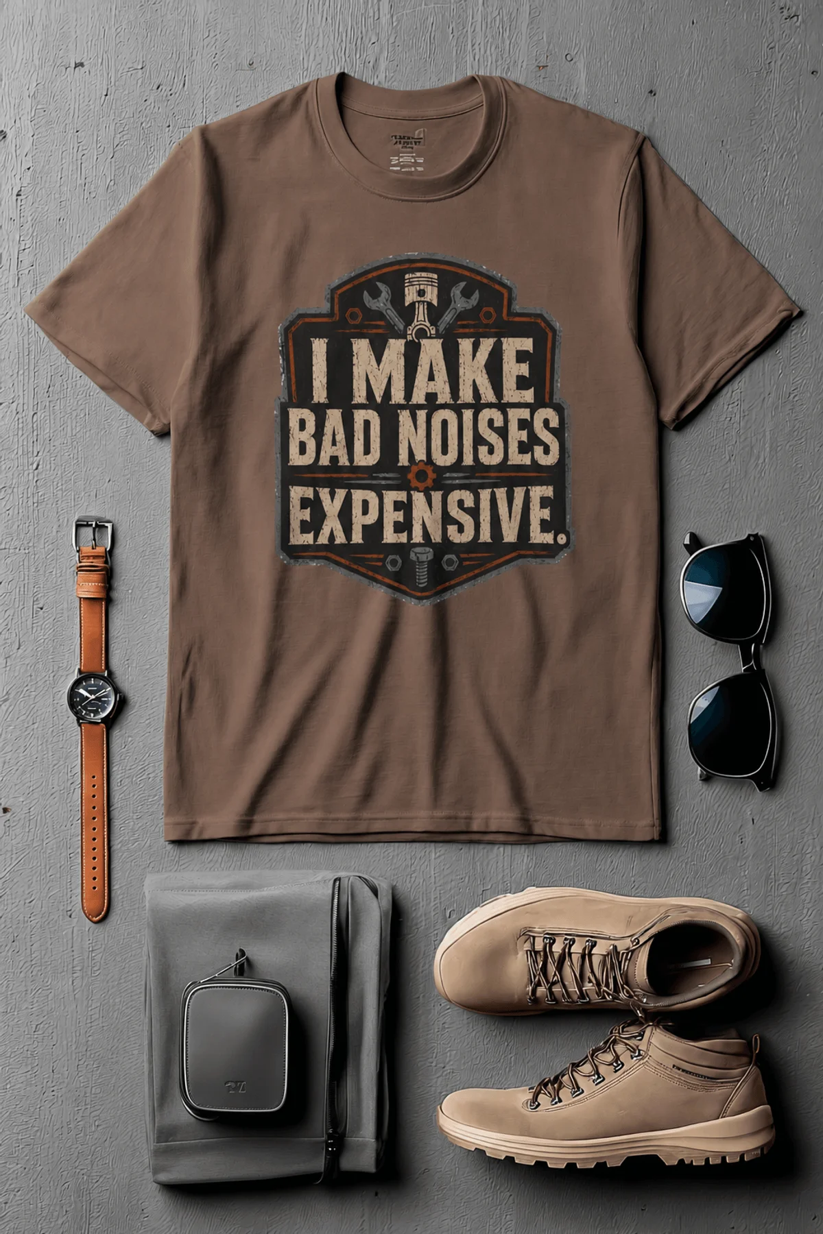 Funny Mechanic Tee - "I Make Bad Noises Expensive" Technician Worker/ Mechanic / Gearhead Tee — espresso t-shirt, flat-lay product photo | Pressure Tested Co