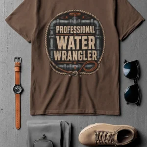 Funny Plumber Tee - "Professional Water Wrangler" Rustic Rope Graphic T-Shirt — espresso t-shirt, flat-lay product photo | Pressure Tested Co