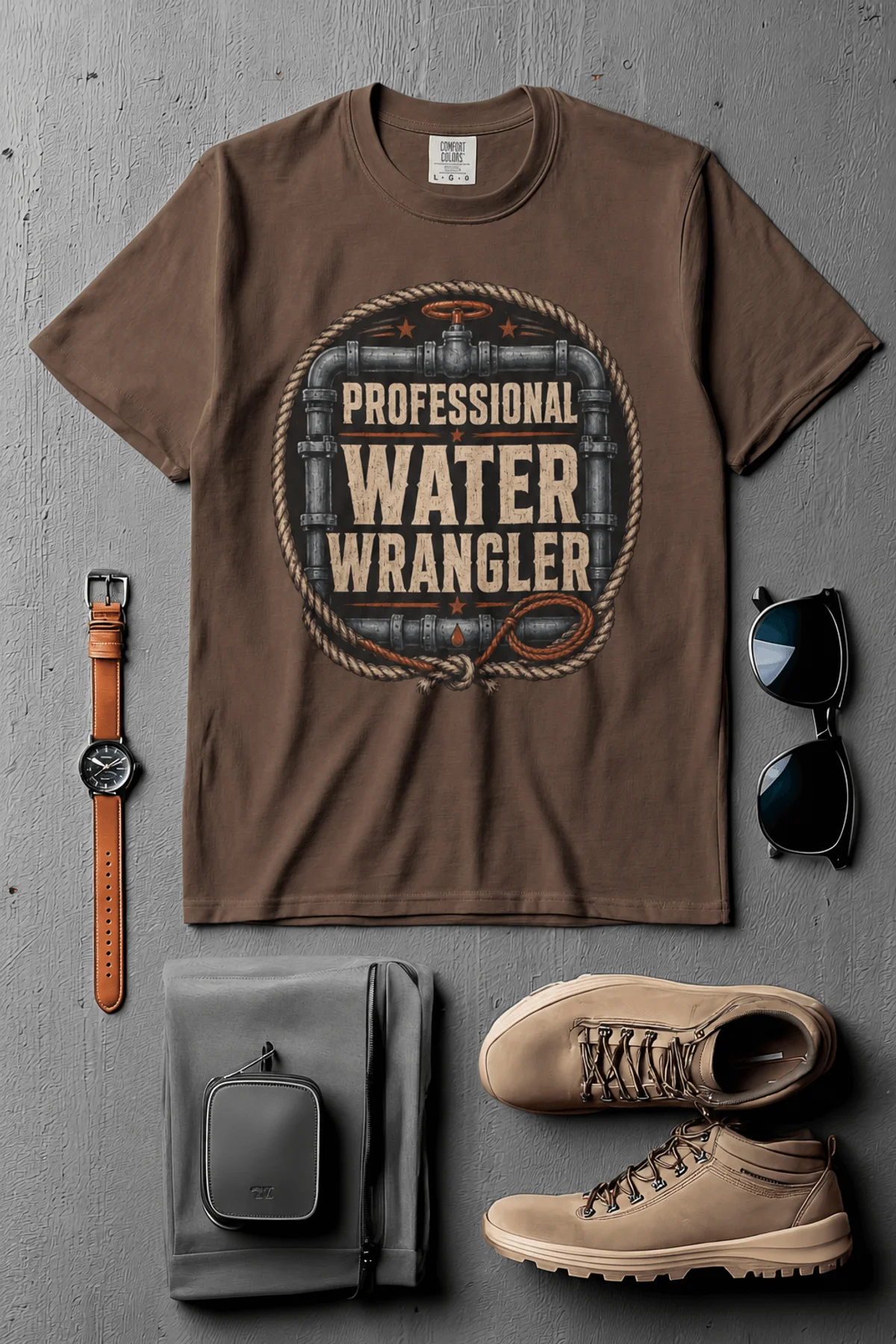 Funny Plumber Tee - "Professional Water Wrangler" Rustic Rope Graphic T-Shirt — espresso t-shirt, flat-lay product photo | Pressure Tested Co
