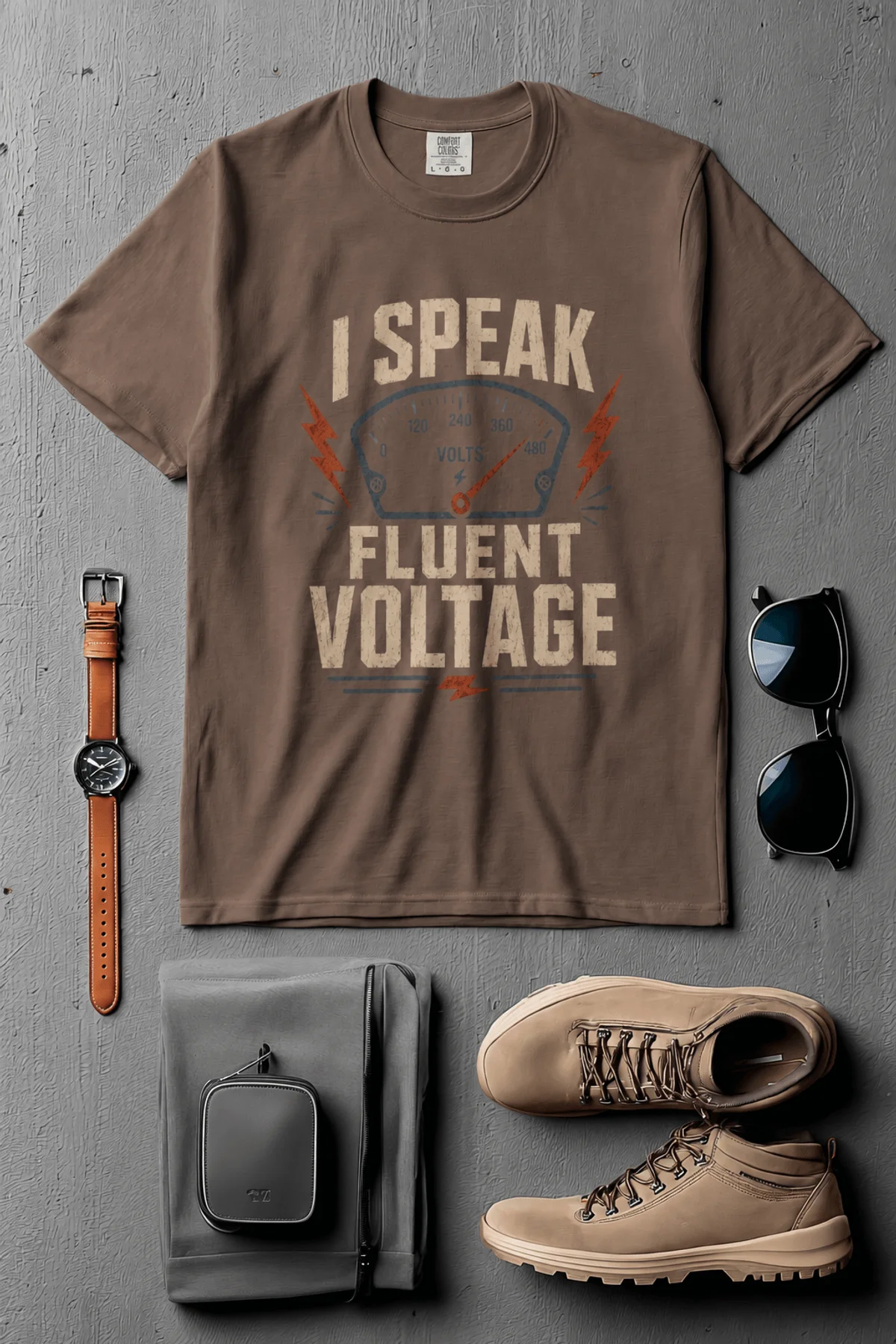 I Speak Fluent Voltage T-Shirt — Electrician & Electronics Tech Gift — espresso t-shirt, flat-lay product photo | Pressure Tested Co