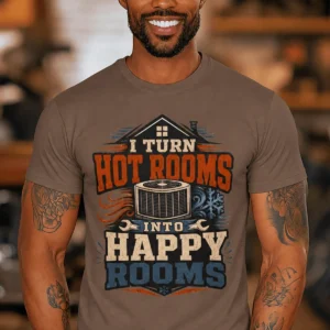 HVAC Technician T-Shirt — "I Turn Hot Rooms Into Happy Rooms" Vintage HVAC Shirt — espresso t-shirt, model photo | Pressure Tested Co