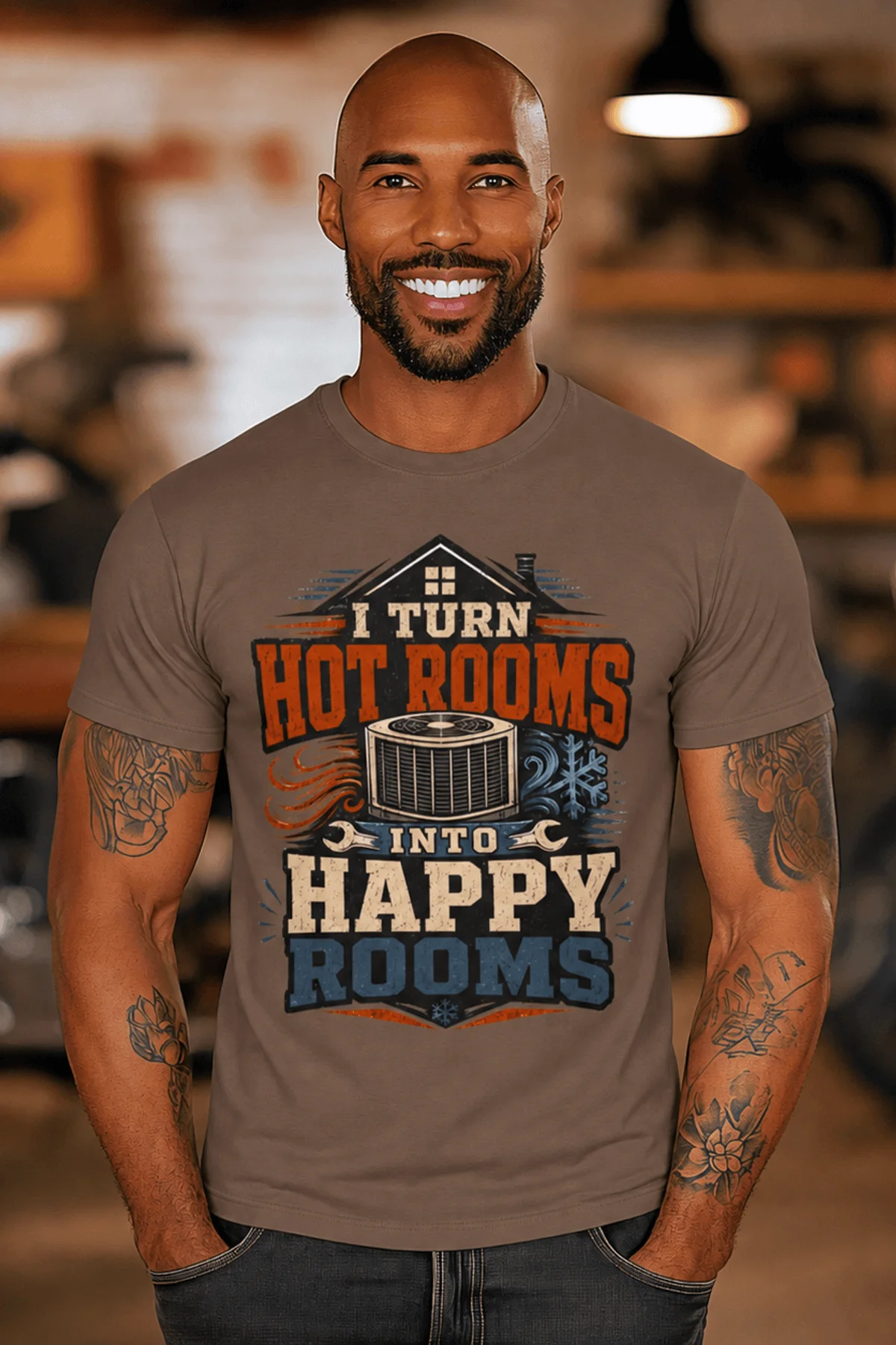 HVAC Technician T-Shirt — "I Turn Hot Rooms Into Happy Rooms" Vintage HVAC Shirt — espresso — Model HVAC Technician T-Shirt — "I Turn Hot Rooms Into Happy Rooms" Vintage HVAC Shirt — espresso t-shirt, model photo | Pressure Tested Co